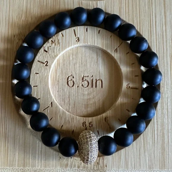 Matte 8mm Onyx Stretch Bracelet w/ Gold Pave Crystal Spacer - Picture 7 of 9